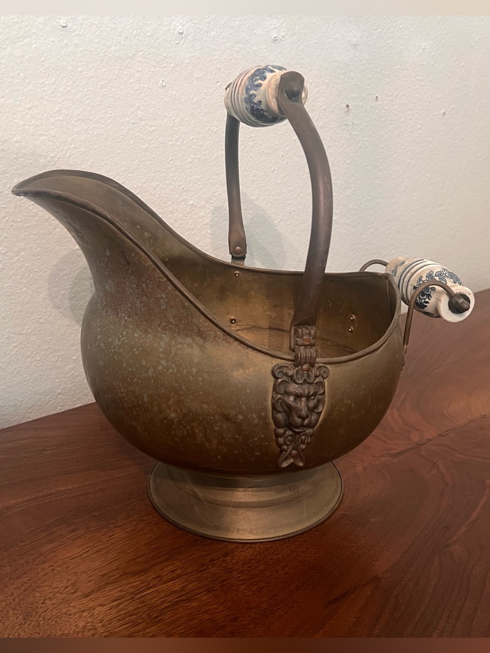 Vintage Brass Coal Scuttle Bucket with Delft Porcelain Handles